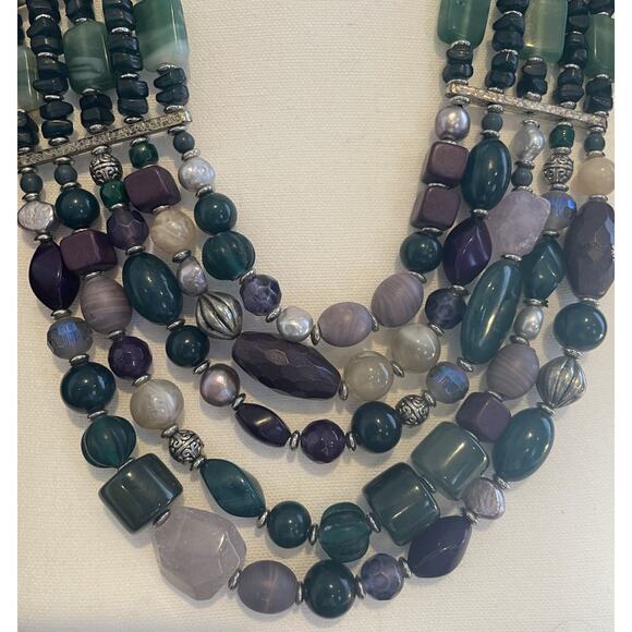 Chico's Chunky Runway Statement Multi-Strand Necklace Green Purple Beads - Picture 3 of 6